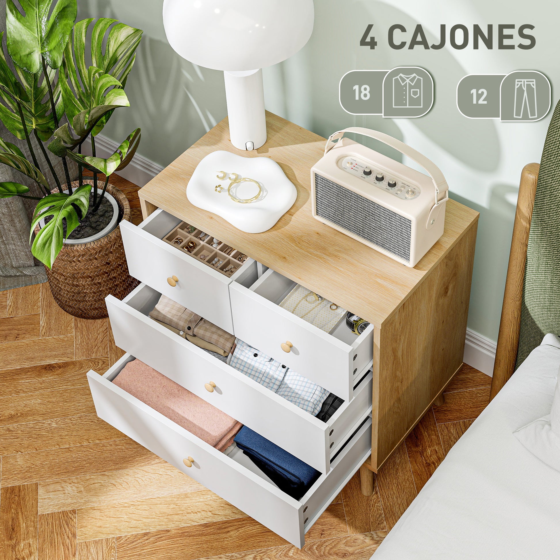 4-Drawer Chest Dresser for Bedroom with Wooden Handles, Narrow Chest of Drawers for Living Room Hallway 60x35x65 cm Oak and White