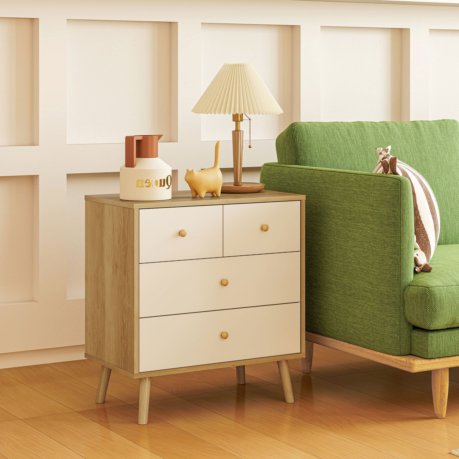 4-Drawer Chest Dresser for Bedroom with Wooden Handles, Narrow Chest of Drawers for Living Room Hallway 60x35x65 cm Oak and White