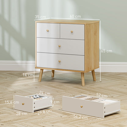 4-Drawer Chest Dresser for Bedroom with Wooden Handles, Narrow Chest of Drawers for Living Room Hallway 60x35x65 cm Oak and White