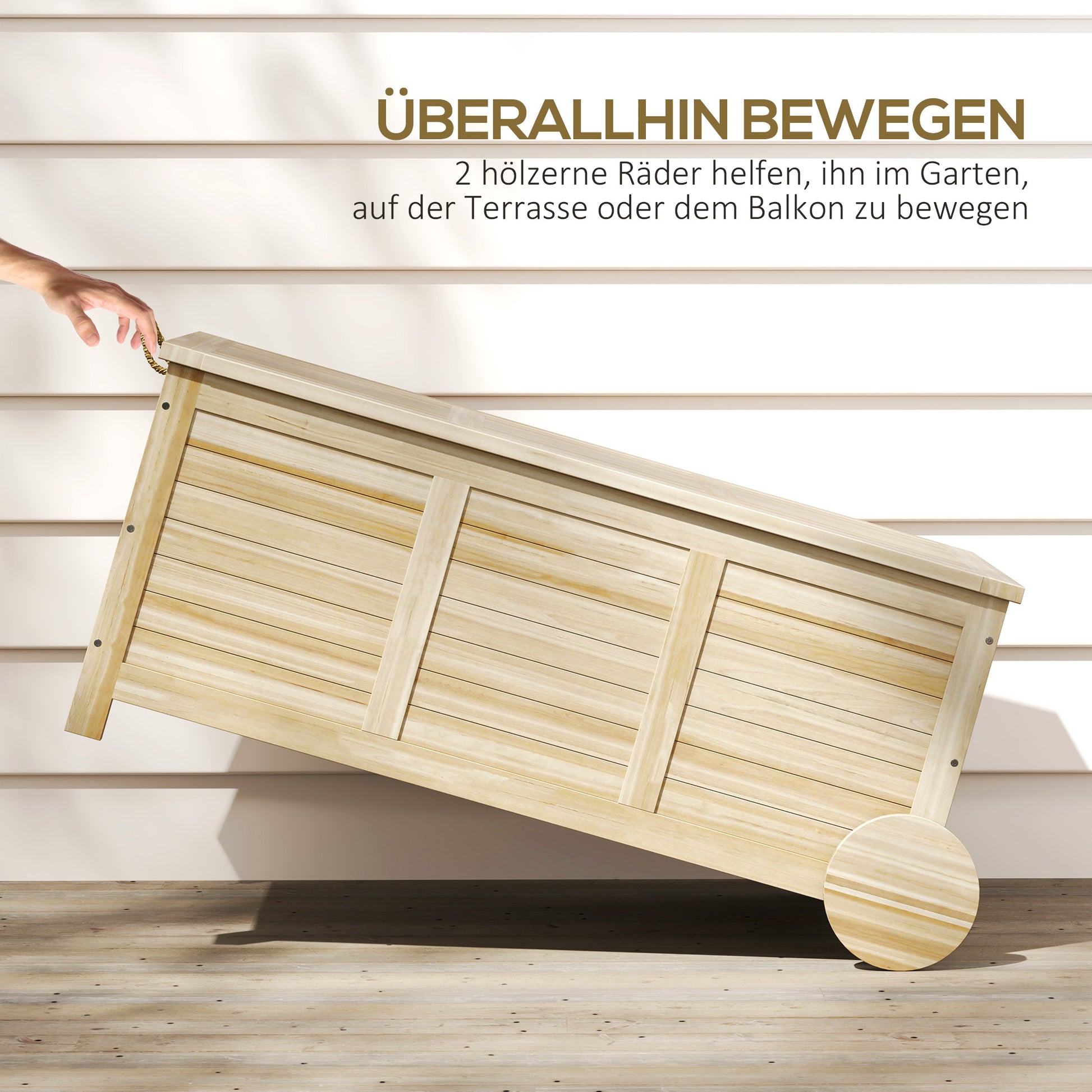 Cushion Box 185 L Storage Waterproof Garden Box with Wheels Wood Weatherproof UV Resistant Cushion Box Storage Chest for Outdoor Garden Balcony Natural Wood
