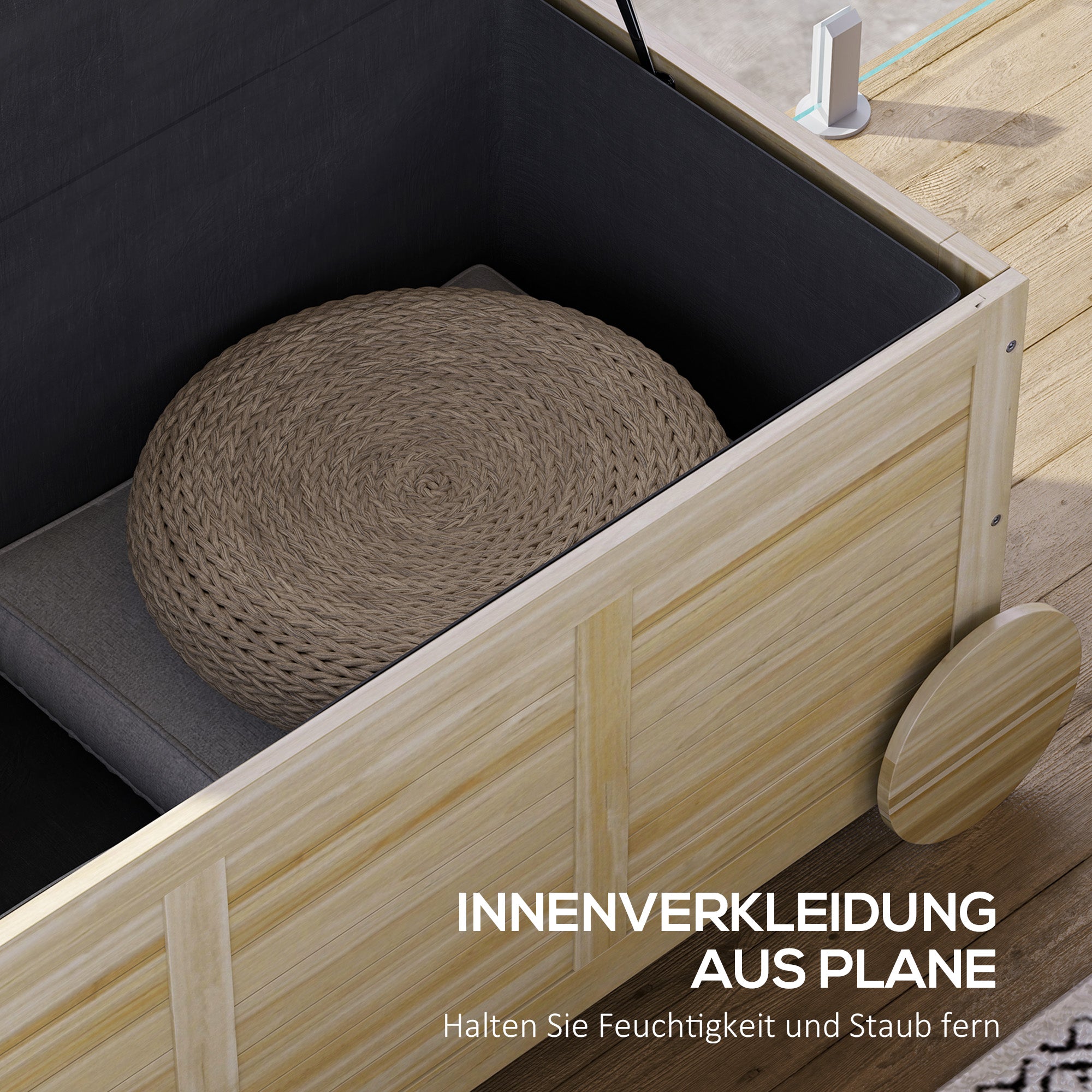 Cushion Box 185 L Storage Waterproof Garden Box with Wheels Wood Weatherproof UV Resistant Cushion Box Storage Chest for Outdoor Garden Balcony Natural Wood