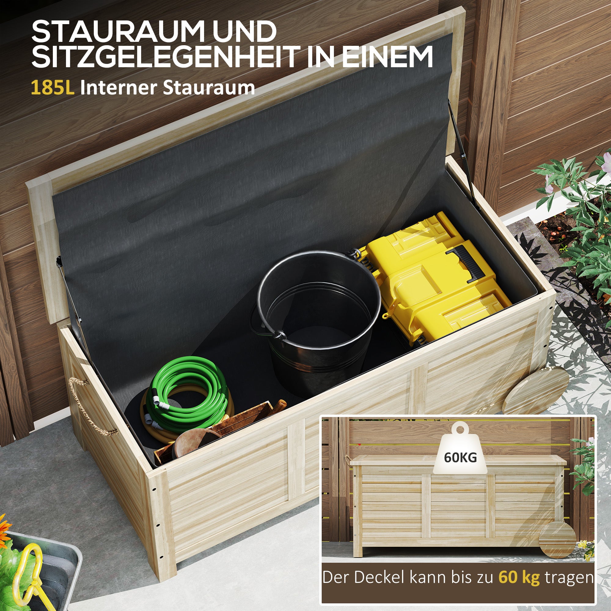 Cushion Box 185 L Storage Waterproof Garden Box with Wheels Wood Weatherproof UV Resistant Cushion Box Storage Chest for Outdoor Garden Balcony Natural Wood