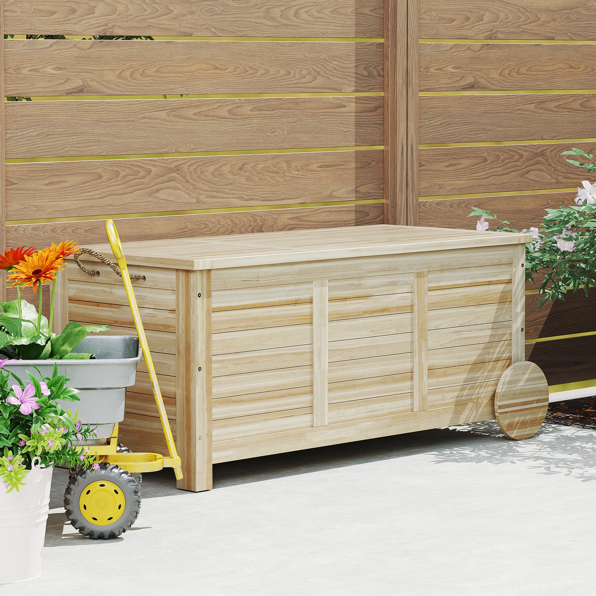 Cushion Box 185 L Storage Waterproof Garden Box with Wheels Wood Weatherproof UV Resistant Cushion Box Storage Chest for Outdoor Garden Balcony Natural Wood