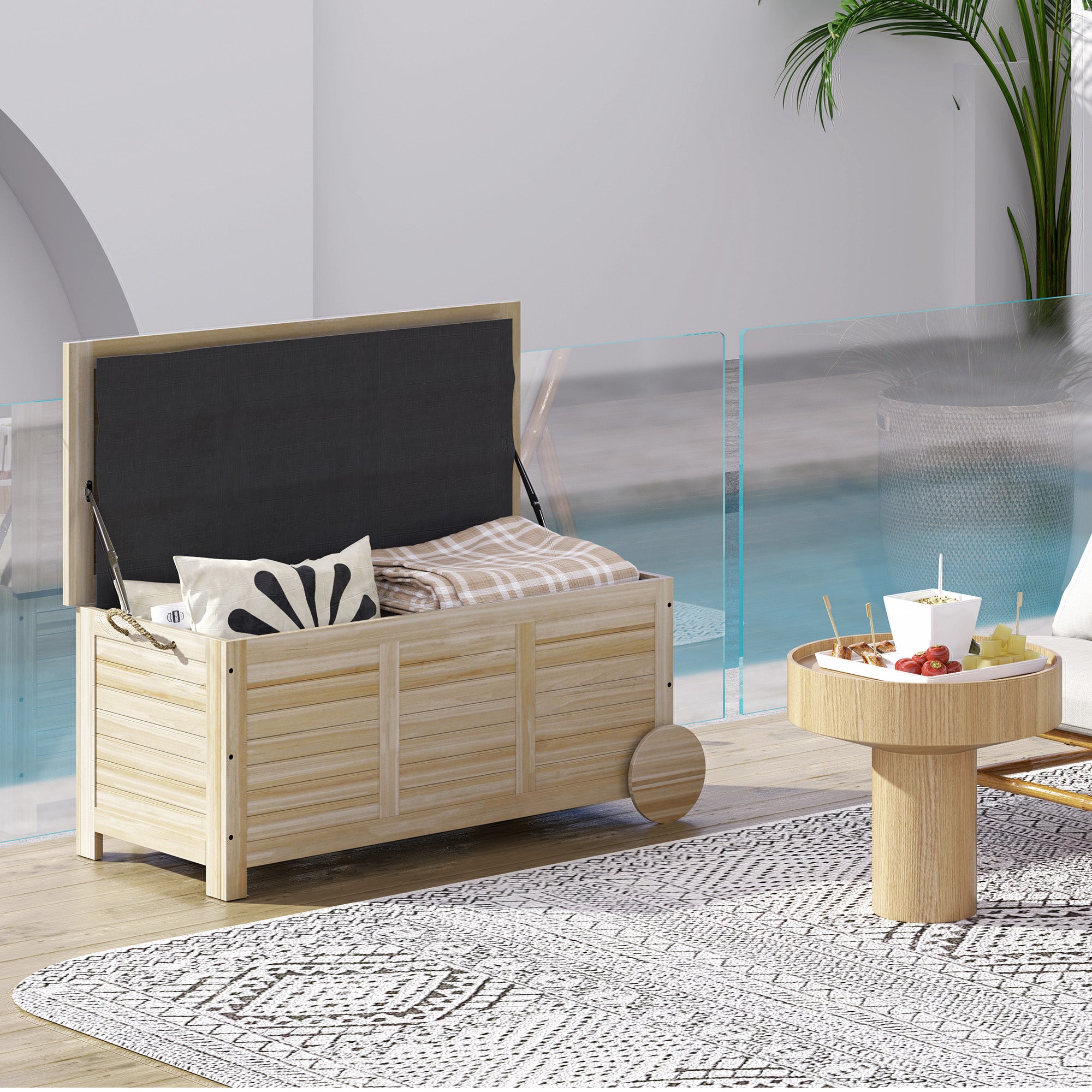 Cushion Box 185 L Storage Waterproof Garden Box with Wheels Wood Weatherproof UV Resistant Cushion Box Storage Chest for Outdoor Garden Balcony Natural Wood