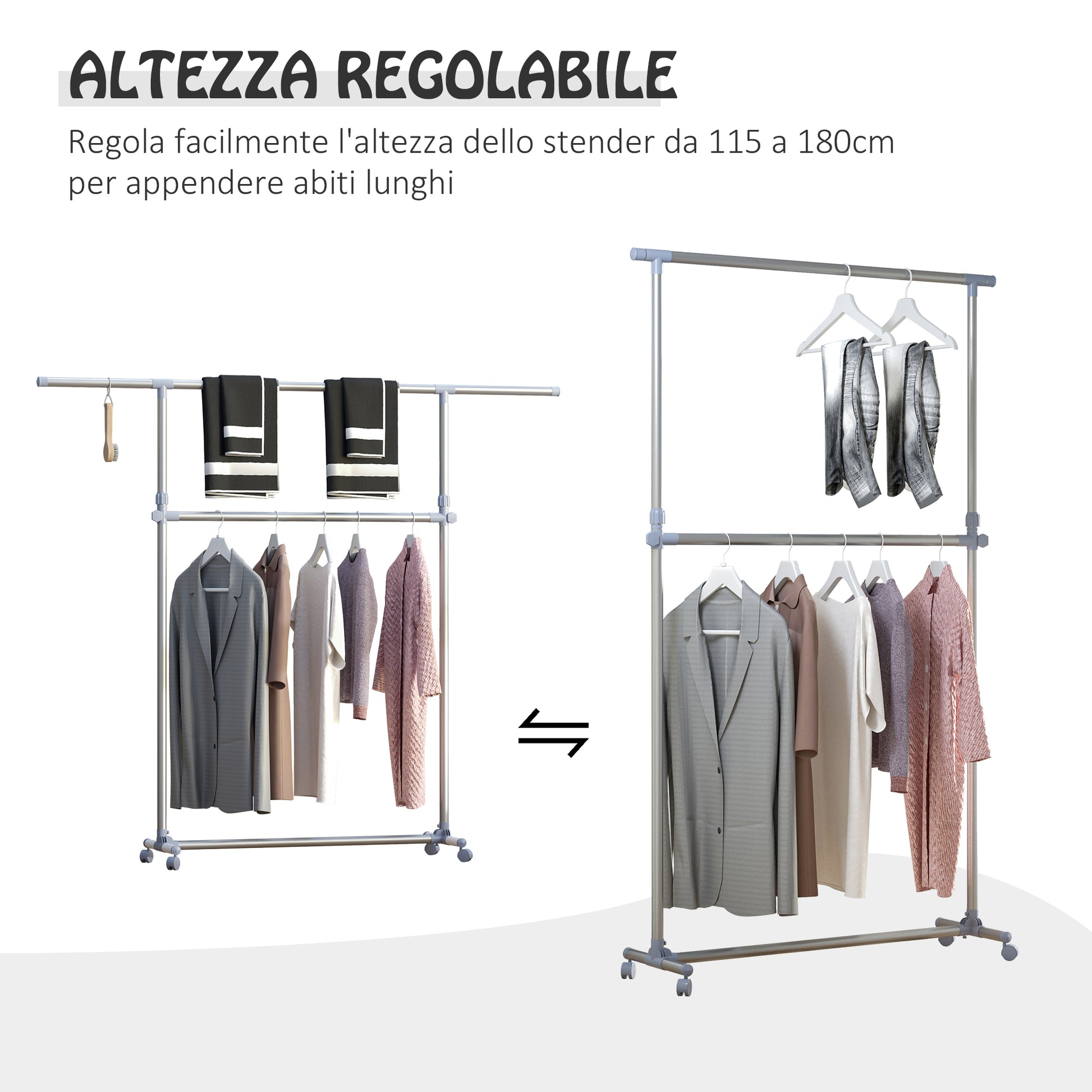 Adjustable Height and Width Coat Rack Stand, 4 Swivel Wheels, Stainless Steel and ABS, 165x48x180cm