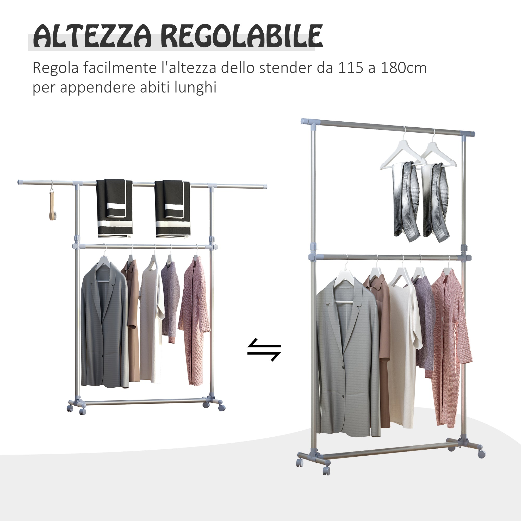 Adjustable Height and Width Coat Rack Stand, 4 Swivel Wheels, Stainless Steel and ABS, 165x48x180cm