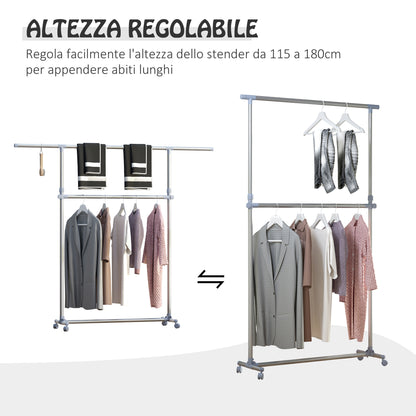 Adjustable Height and Width Coat Rack Stand, 4 Swivel Wheels, Stainless Steel and ABS, 165x48x180cm