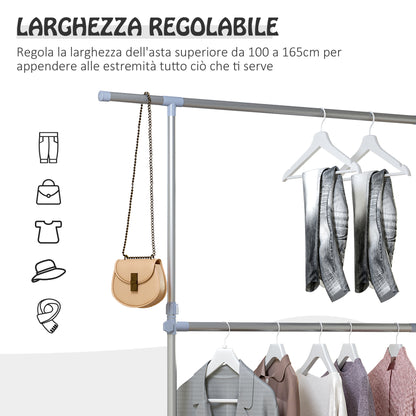 Adjustable Height and Width Coat Rack Stand, 4 Swivel Wheels, Stainless Steel and ABS, 165x48x180cm