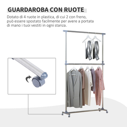 Adjustable Height and Width Coat Rack Stand, 4 Swivel Wheels, Stainless Steel and ABS, 165x48x180cm