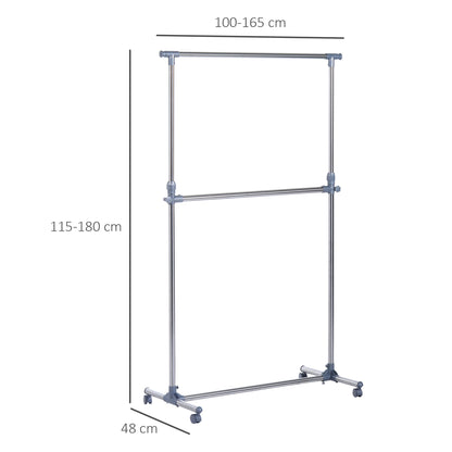Adjustable Height and Width Coat Rack Stand, 4 Swivel Wheels, Stainless Steel and ABS, 165x48x180cm