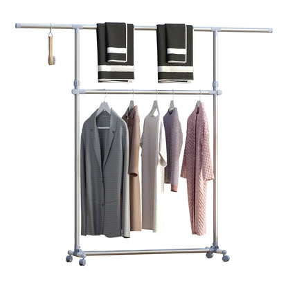 Adjustable Height and Width Coat Rack Stand, 4 Swivel Wheels, Stainless Steel and ABS, 165x48x180cm