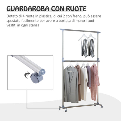 Adjustable Height and Width Coat Rack Stand, 4 Swivel Wheels, Stainless Steel and ABS, 165x48x180cm
