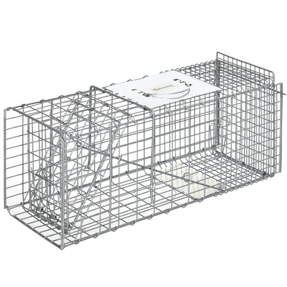 Foldable Live Animal Trap 66x24x30.5 cm Wire Capture Cage with Door and Handle for Rabbits Cats Rats Rodents Silver