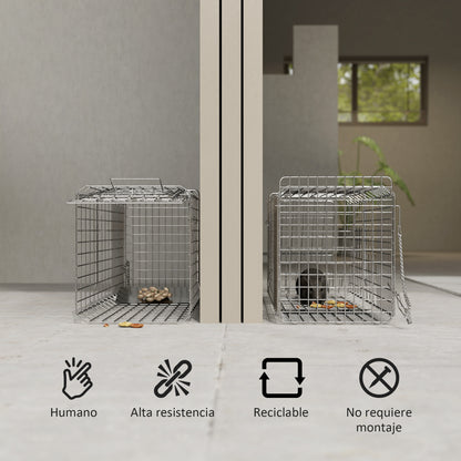 Foldable Live Animal Trap 66x24x30.5 cm Wire Capture Cage with Door and Handle for Rabbits Cats Rats Rodents Silver