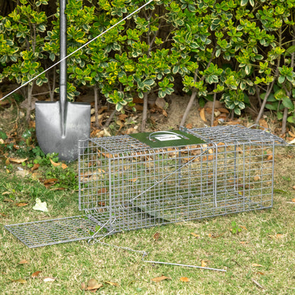 Foldable Live Animal Trap 66x24x30.5 cm Wire Capture Cage with Door and Handle for Rabbits Cats Rats Rodents Silver