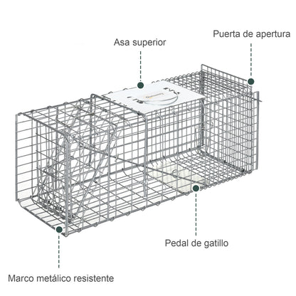 Foldable Live Animal Trap 66x24x30.5 cm Wire Capture Cage with Door and Handle for Rabbits Cats Rats Rodents Silver