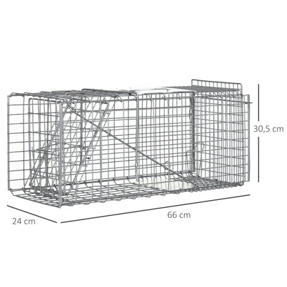 Foldable Live Animal Trap 66x24x30.5 cm Wire Capture Cage with Door and Handle for Rabbits Cats Rats Rodents Silver