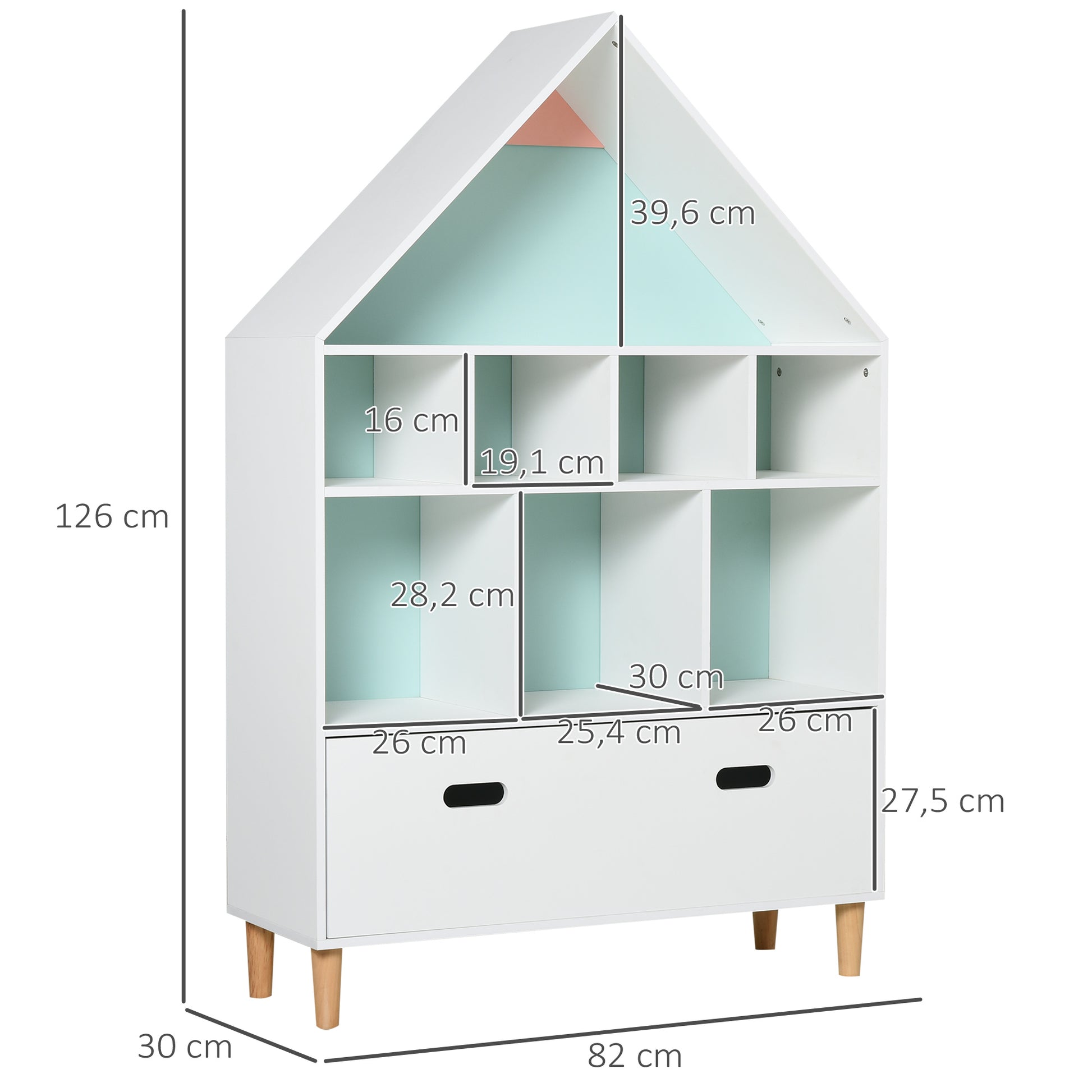 Children's Wooden Bookshelf House-Shaped Bookcase with 8 Open Compartments and 2-Color Drawer 82x30x126 cm White