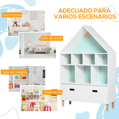 Children's Wooden Bookshelf House-Shaped Bookcase with 8 Open Compartments and 2-Color Drawer 82x30x126 cm White