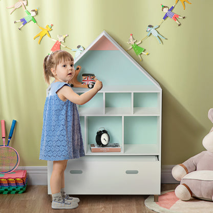 Children's Wooden Bookshelf House-Shaped Bookcase with 8 Open Compartments and 2-Color Drawer 82x30x126 cm White