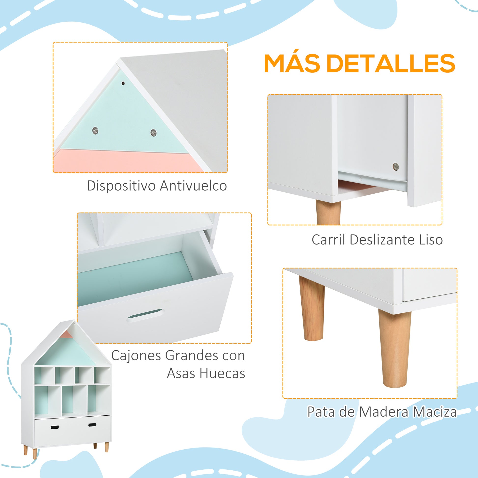 Children's Wooden Bookshelf House-Shaped Bookcase with 8 Open Compartments and 2-Color Drawer 82x30x126 cm White