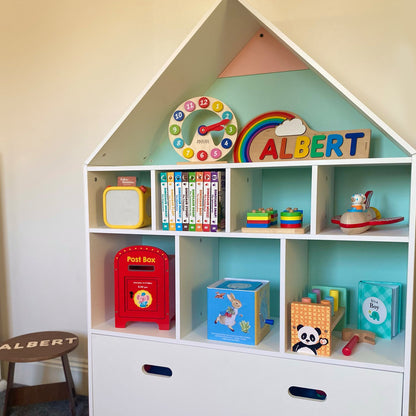 Children's Wooden Bookshelf House-Shaped Bookcase with 8 Open Compartments and 2-Color Drawer 82x30x126 cm White