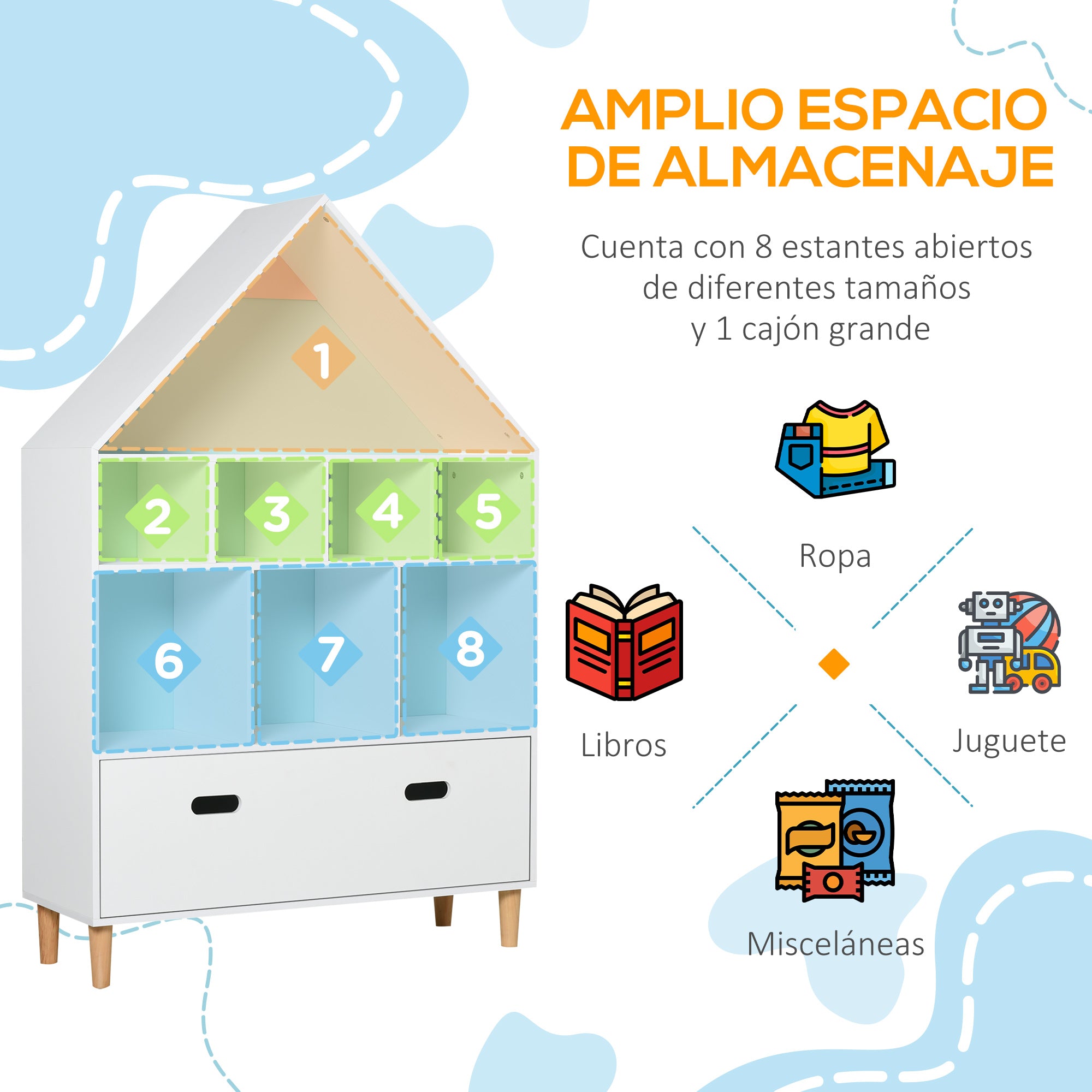 Children's Wooden Bookshelf House-Shaped Bookcase with 8 Open Compartments and 2-Color Drawer 82x30x126 cm White