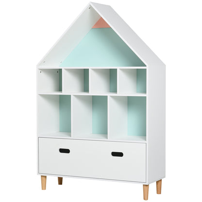 Children's Wooden Bookshelf House-Shaped Bookcase with 8 Open Compartments and 2-Color Drawer 82x30x126 cm White