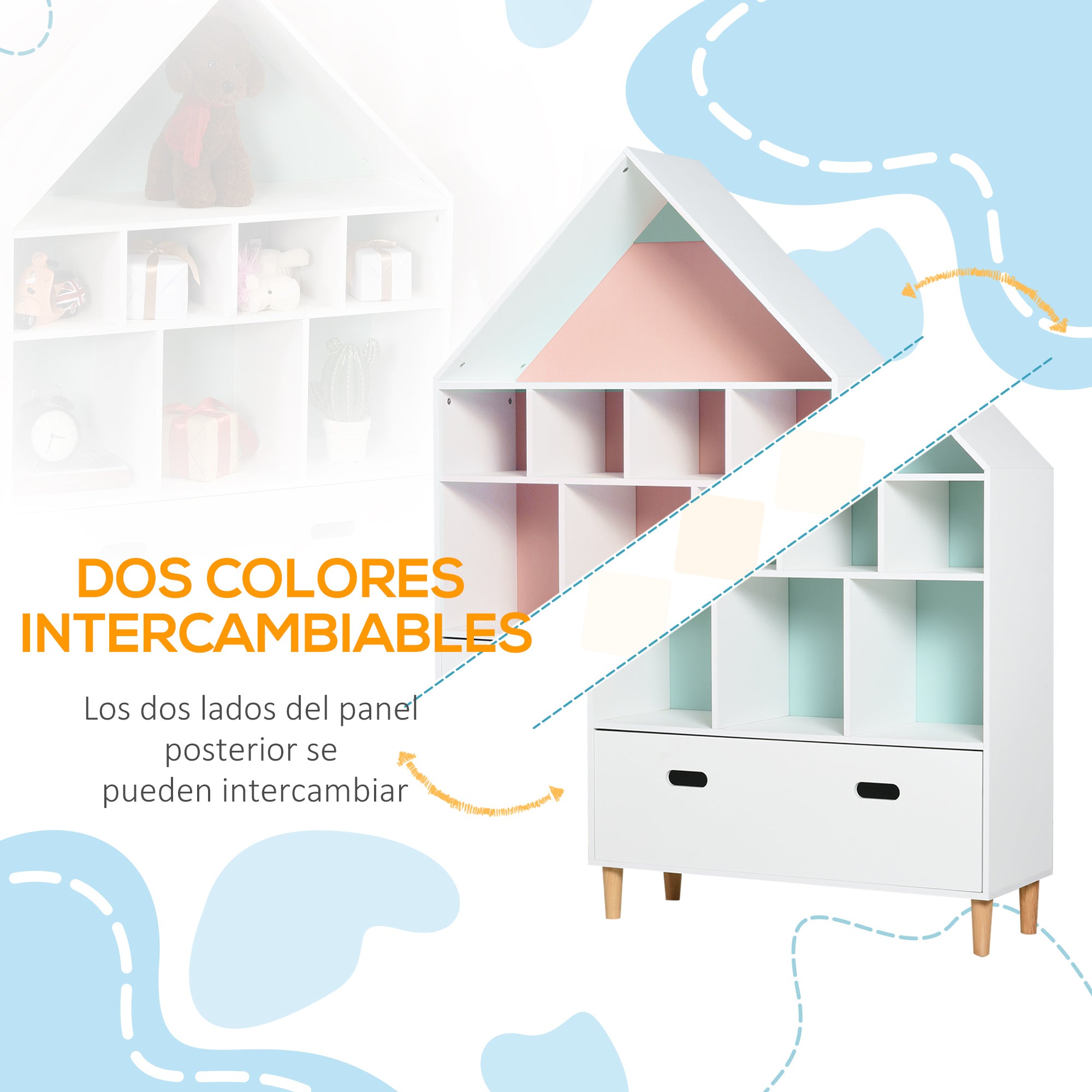 Children's Wooden Bookshelf House-Shaped Bookcase with 8 Open Compartments and 2-Color Drawer 82x30x126 cm White