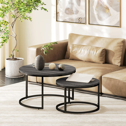 Round Coffee Table 2-Piece Set Stackable Side Table with Metal Frame, Living Room Table with Marble Effect Coffee Table for Living Room Bedroom 78.5 x 78.5 x 46.5 cm Black