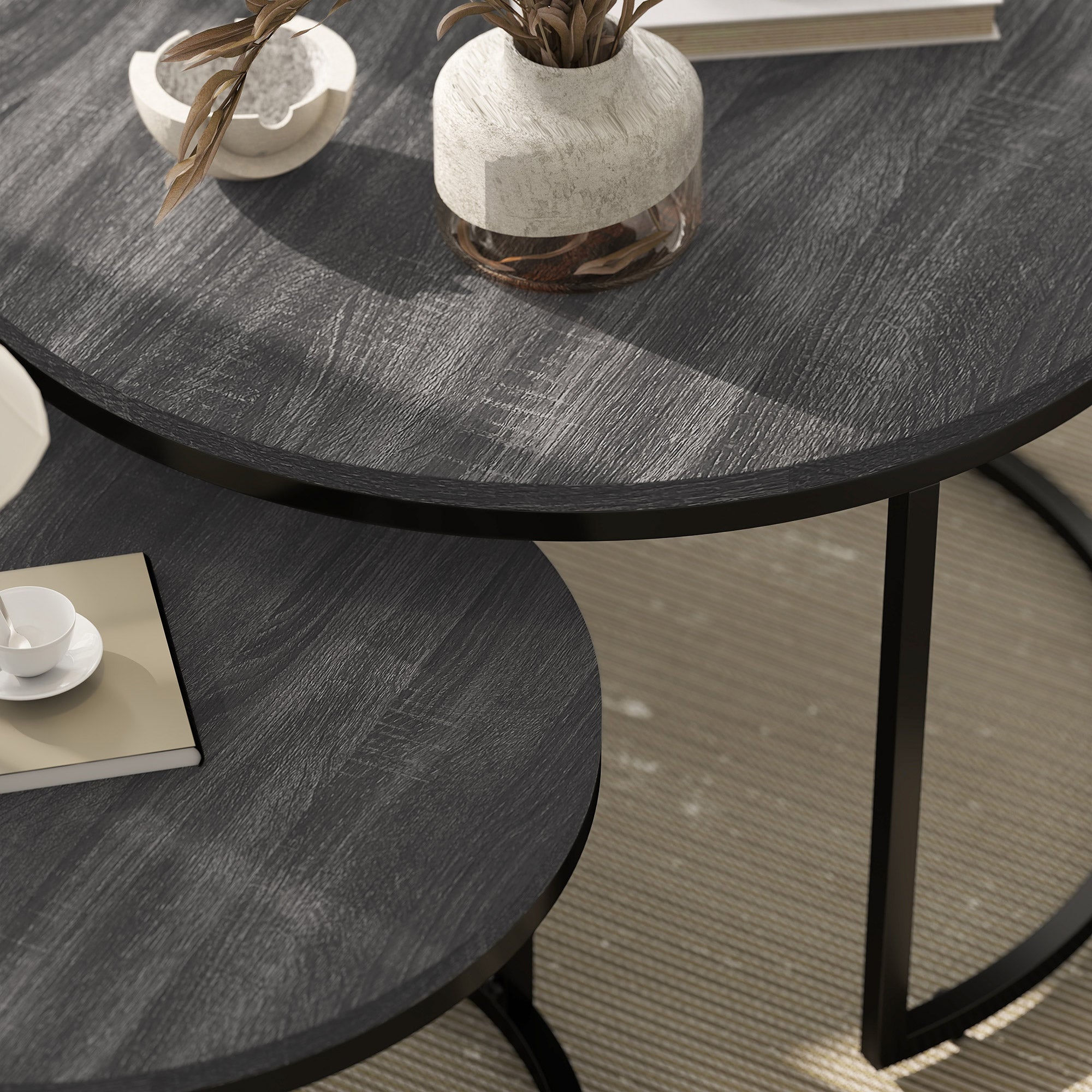 Round Coffee Table 2-Piece Set Stackable Side Table with Metal Frame, Living Room Table with Marble Effect Coffee Table for Living Room Bedroom 78.5 x 78.5 x 46.5 cm Black