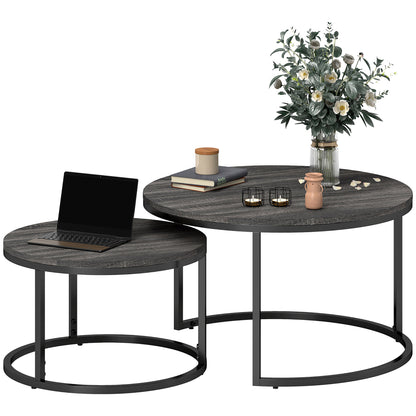 Round Coffee Table 2-Piece Set Stackable Side Table with Metal Frame, Living Room Table with Marble Effect Coffee Table for Living Room Bedroom 78.5 x 78.5 x 46.5 cm Black