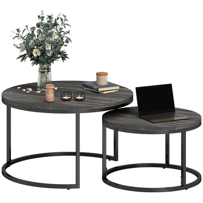 Round Coffee Table 2-Piece Set Stackable Side Table with Metal Frame, Living Room Table with Marble Effect Coffee Table for Living Room Bedroom 78.5 x 78.5 x 46.5 cm Black