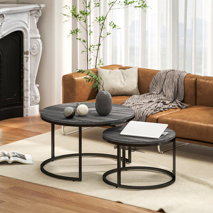 Round Coffee Table 2-Piece Set Stackable Side Table with Metal Frame, Living Room Table with Marble Effect Coffee Table for Living Room Bedroom 78.5 x 78.5 x 46.5 cm Black