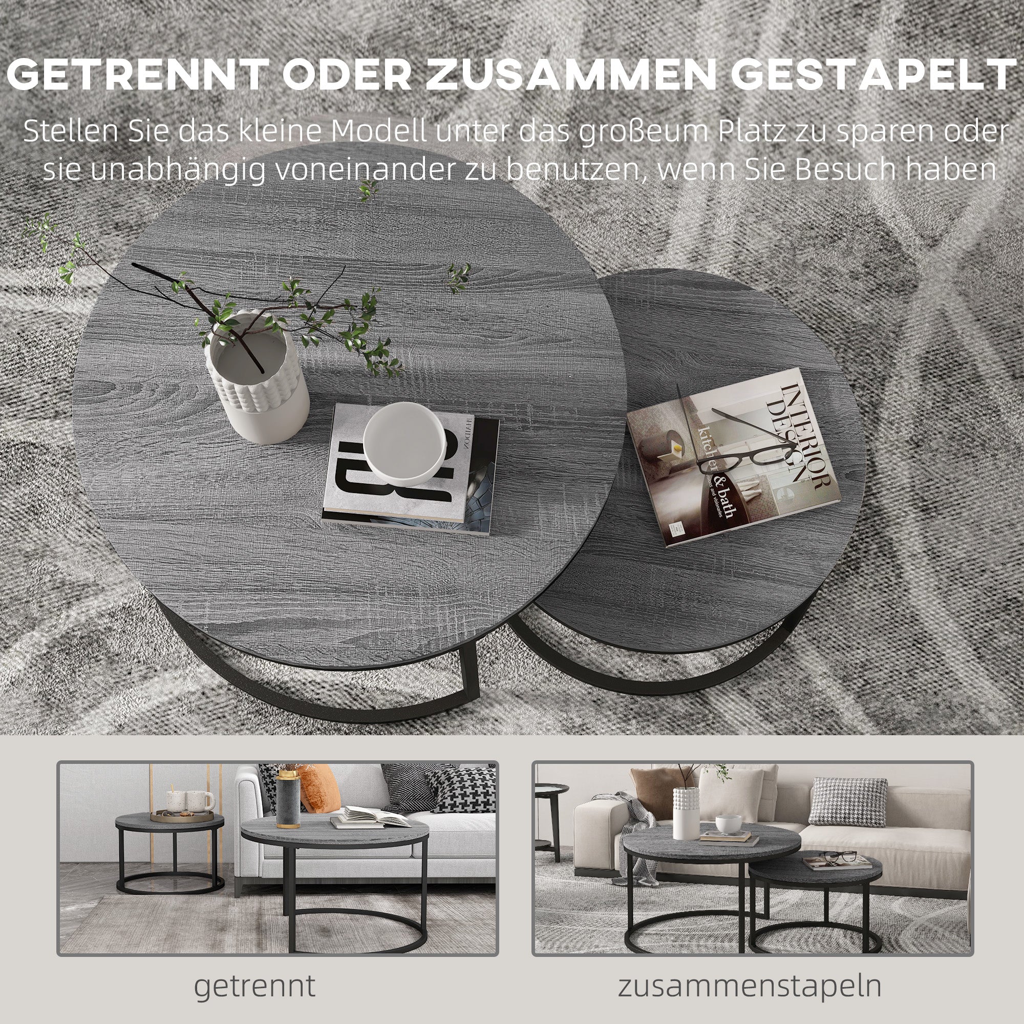 Round Coffee Table 2-Piece Set Stackable Side Table with Metal Frame, Living Room Table with Marble Effect Coffee Table for Living Room Bedroom 78.5 x 78.5 x 46.5 cm Black