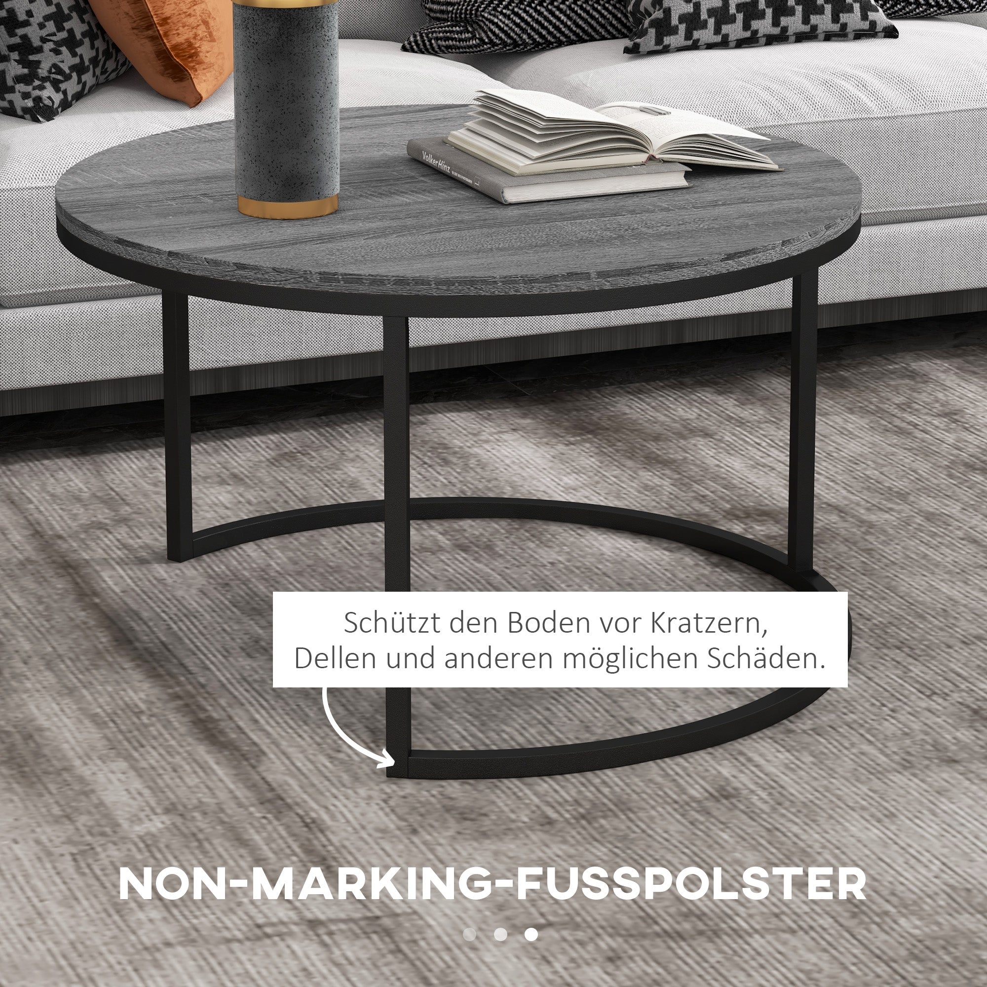 Round Coffee Table 2-Piece Set Stackable Side Table with Metal Frame, Living Room Table with Marble Effect Coffee Table for Living Room Bedroom 78.5 x 78.5 x 46.5 cm Black