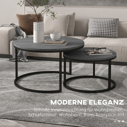 Round Coffee Table 2-Piece Set Stackable Side Table with Metal Frame, Living Room Table with Marble Effect Coffee Table for Living Room Bedroom 78.5 x 78.5 x 46.5 cm Black