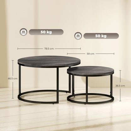 Round Coffee Table 2-Piece Set Stackable Side Table with Metal Frame, Living Room Table with Marble Effect Coffee Table for Living Room Bedroom 78.5 x 78.5 x 46.5 cm Black