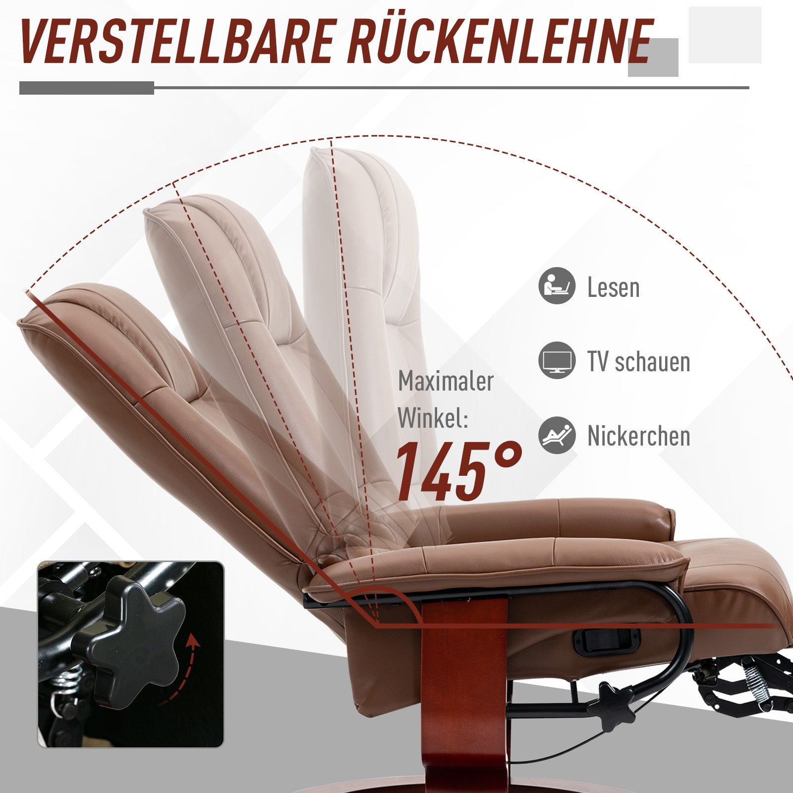 Recliner Chair Swivel TV Armchair with Reclining Function, Footrest, Recliner with Armrest, Wooden Legs for Living Room, Bedroom, Faux Leather, Brown