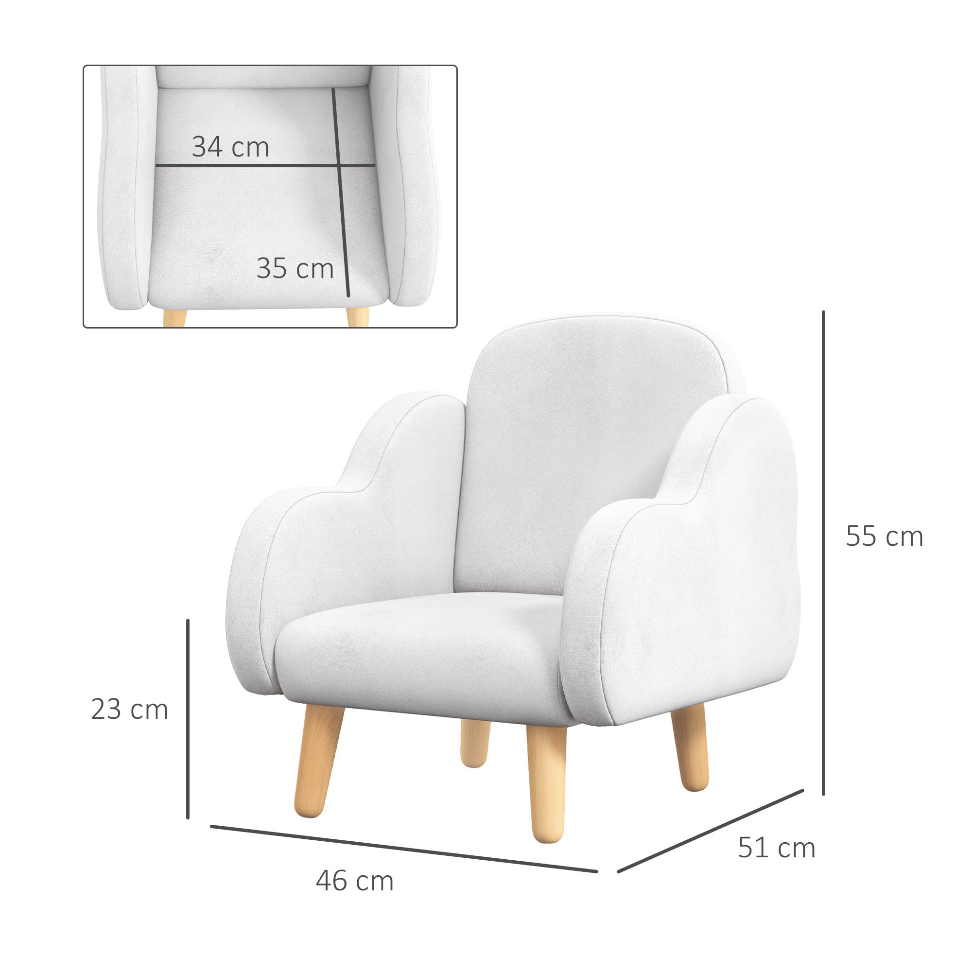 ZONEKIZ Children's Armchair Infant Armchair Cloud Design with Super Soft Touch and 4 Legs for Children 18-36 Months Load 88 lbs 18.1x20x21.7 inches White