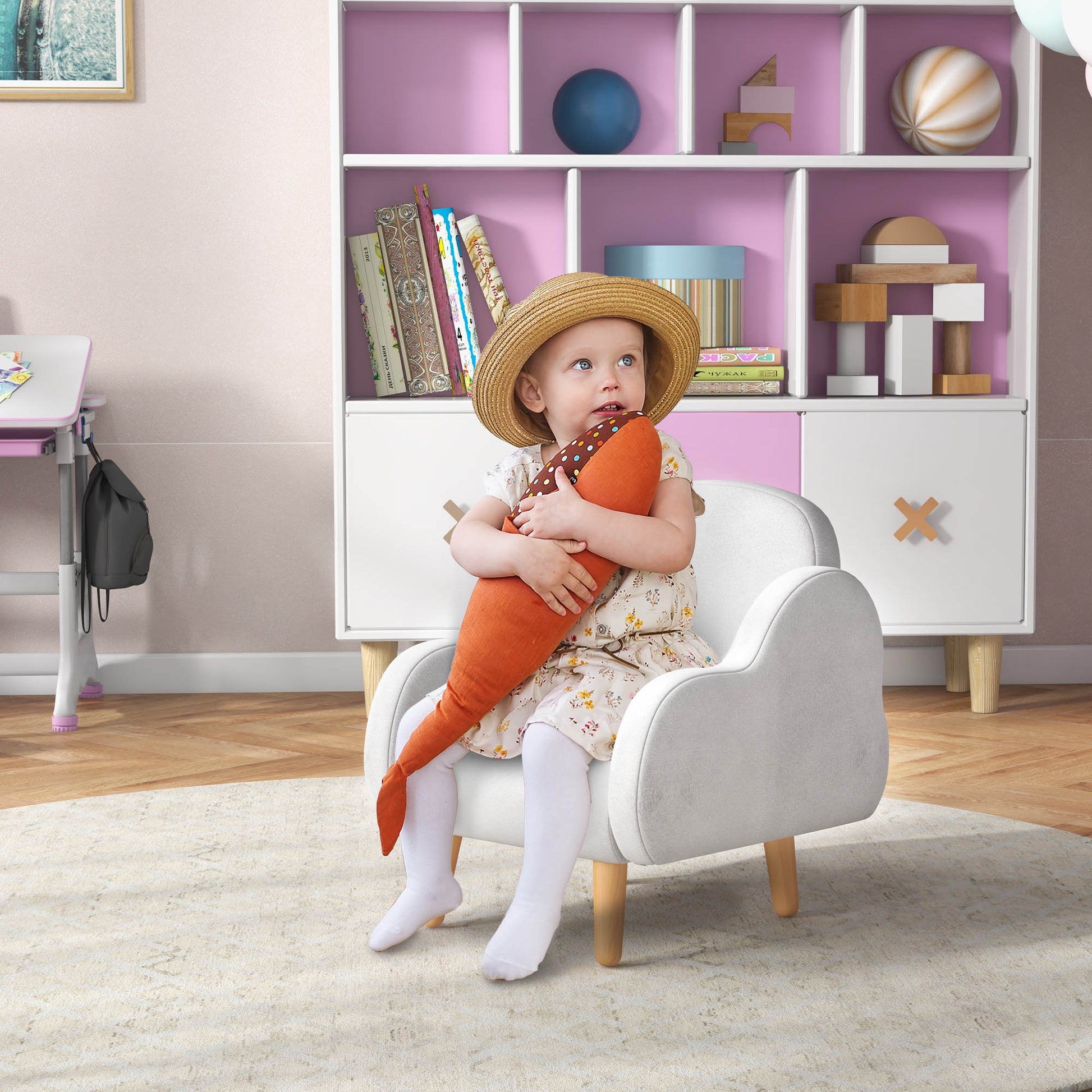 ZONEKIZ Children's Armchair Infant Armchair Cloud Design with Super Soft Touch and 4 Legs for Children 18-36 Months Load 88 lbs 18.1x20x21.7 inches White