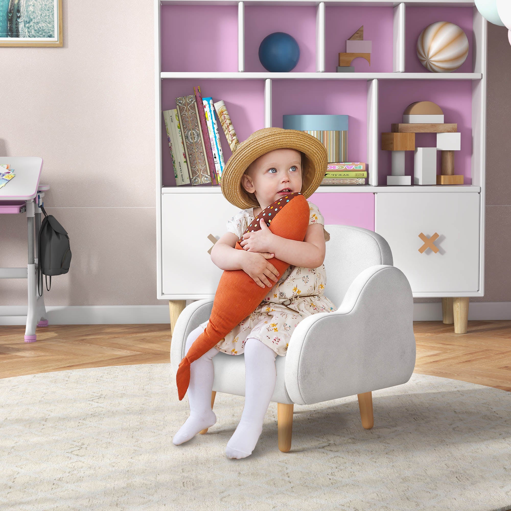 ZONEKIZ Children's Armchair Infant Armchair Cloud Design with Super Soft Touch and 4 Legs for Children 18-36 Months Load 88 lbs 18.1x20x21.7 inches White