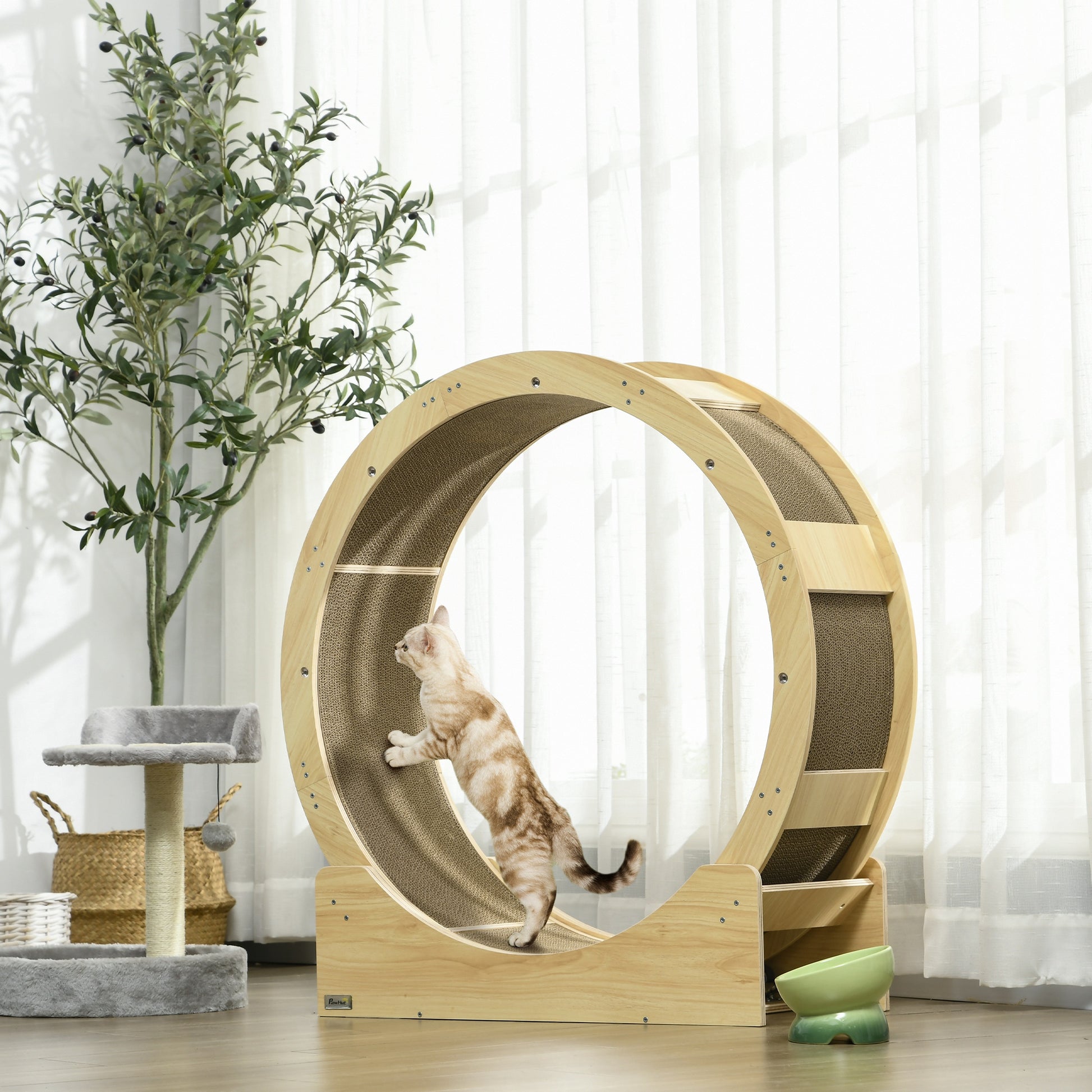 Cat Exercise Wheel 91cm Diameter Cat Wheel with Brake Track Scratching Board, Cat Wheel Treadmill for Weight Loss & Health, Oak