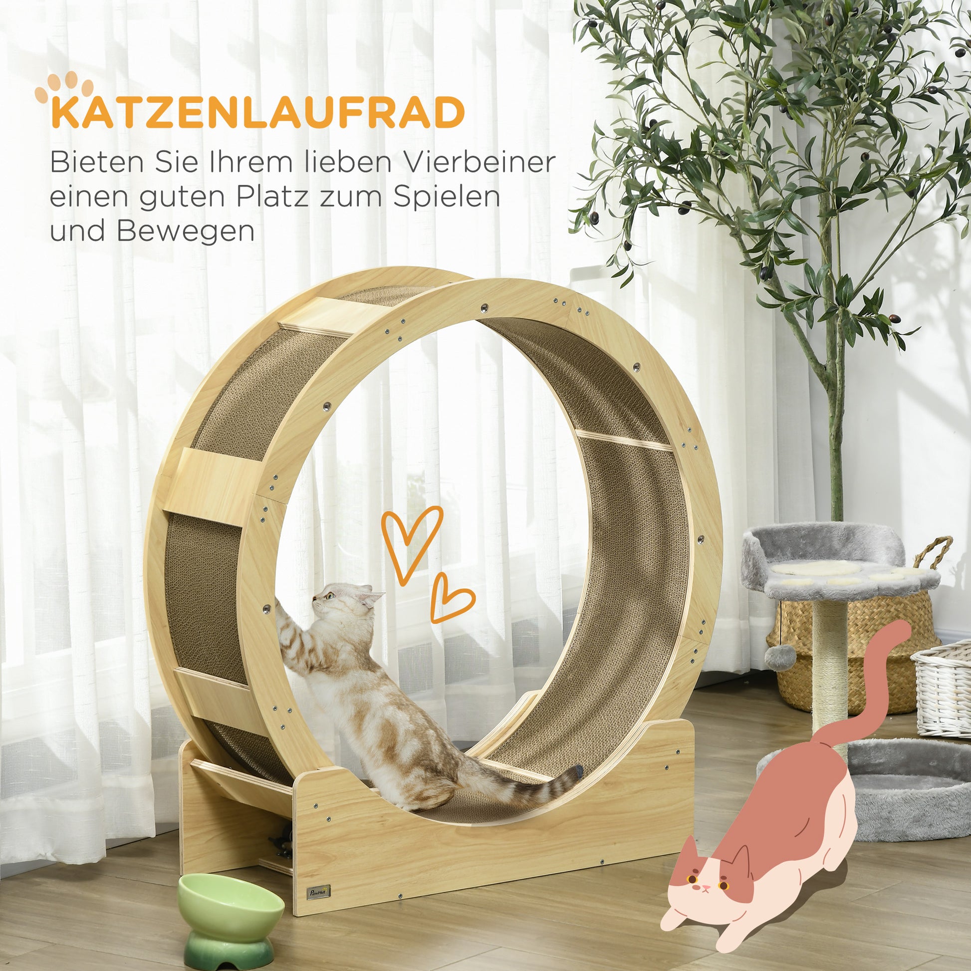 Cat Exercise Wheel 91cm Diameter Cat Wheel with Brake Track Scratching Board, Cat Wheel Treadmill for Weight Loss & Health, Oak