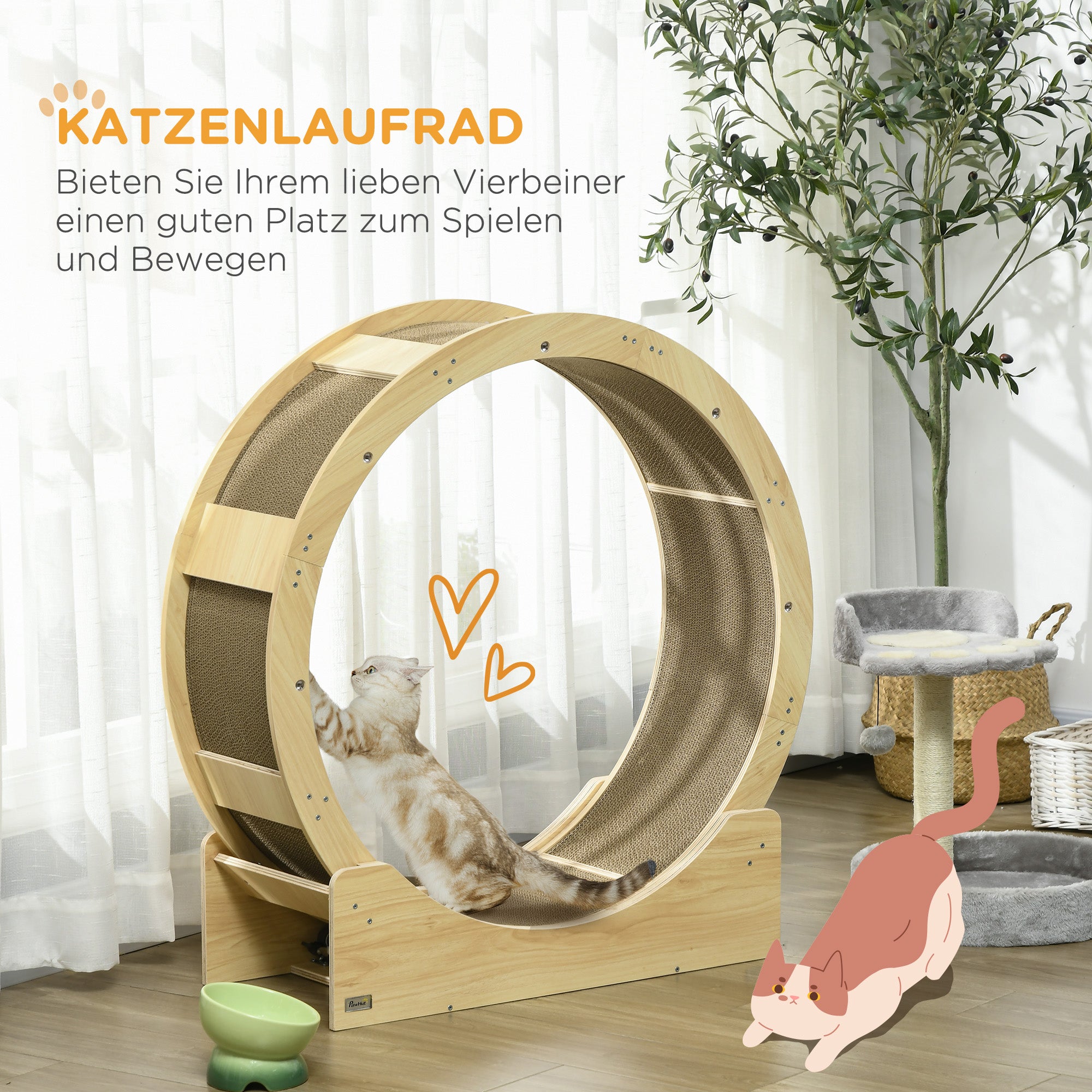 Cat Exercise Wheel 91cm Diameter Cat Wheel with Brake Track Scratching Board, Cat Wheel Treadmill for Weight Loss & Health, Oak
