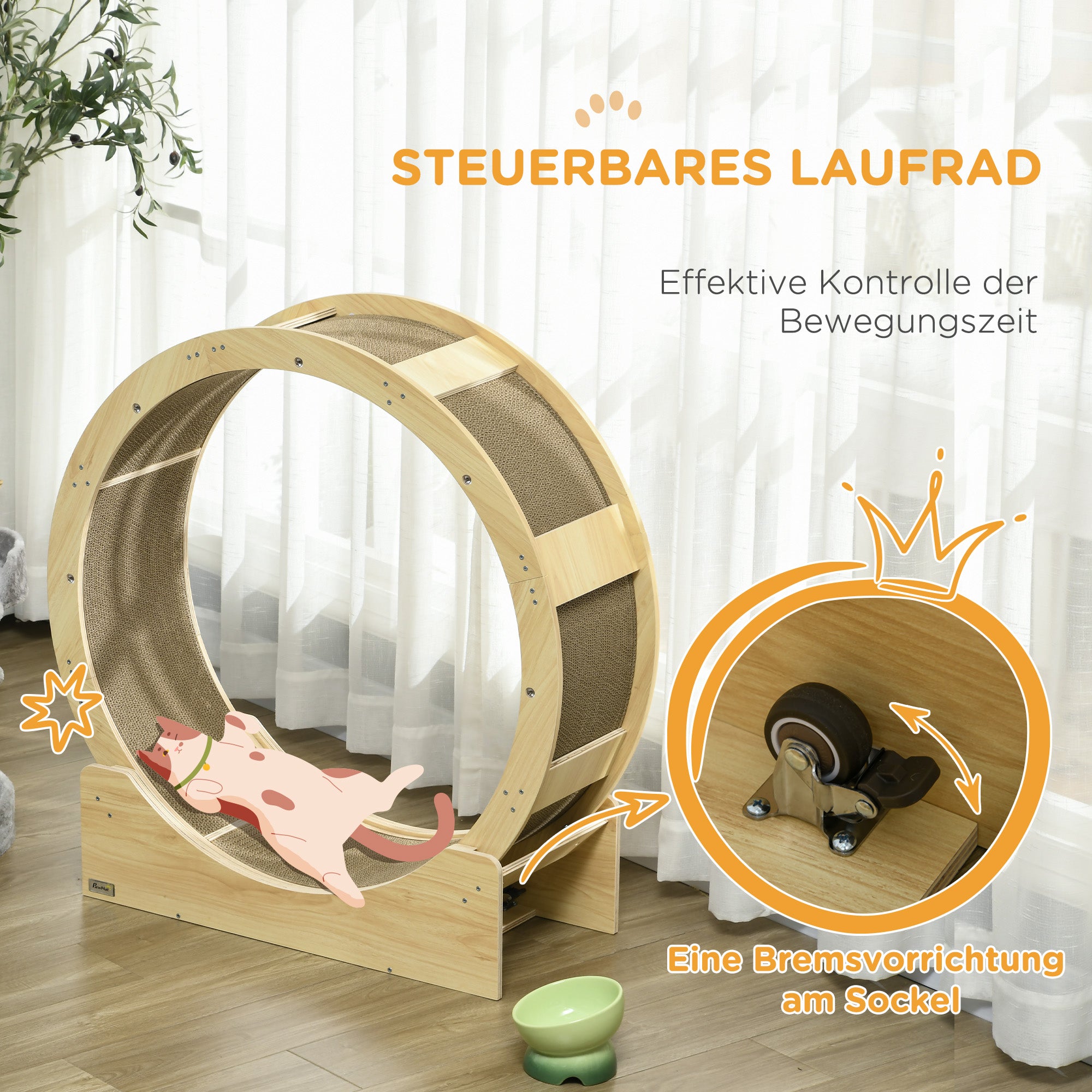Cat Exercise Wheel 91cm Diameter Cat Wheel with Brake Track Scratching Board, Cat Wheel Treadmill for Weight Loss & Health, Oak