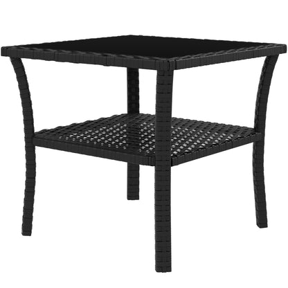 Outdoor PE Rattan Patio Table, 50 x 50 x 45 cm (19.7 x 19.7 x 17.7 in) – Weather-Resistant Square Bistro Table with Shelf & Tempered Glass Top, Seats 4, Black