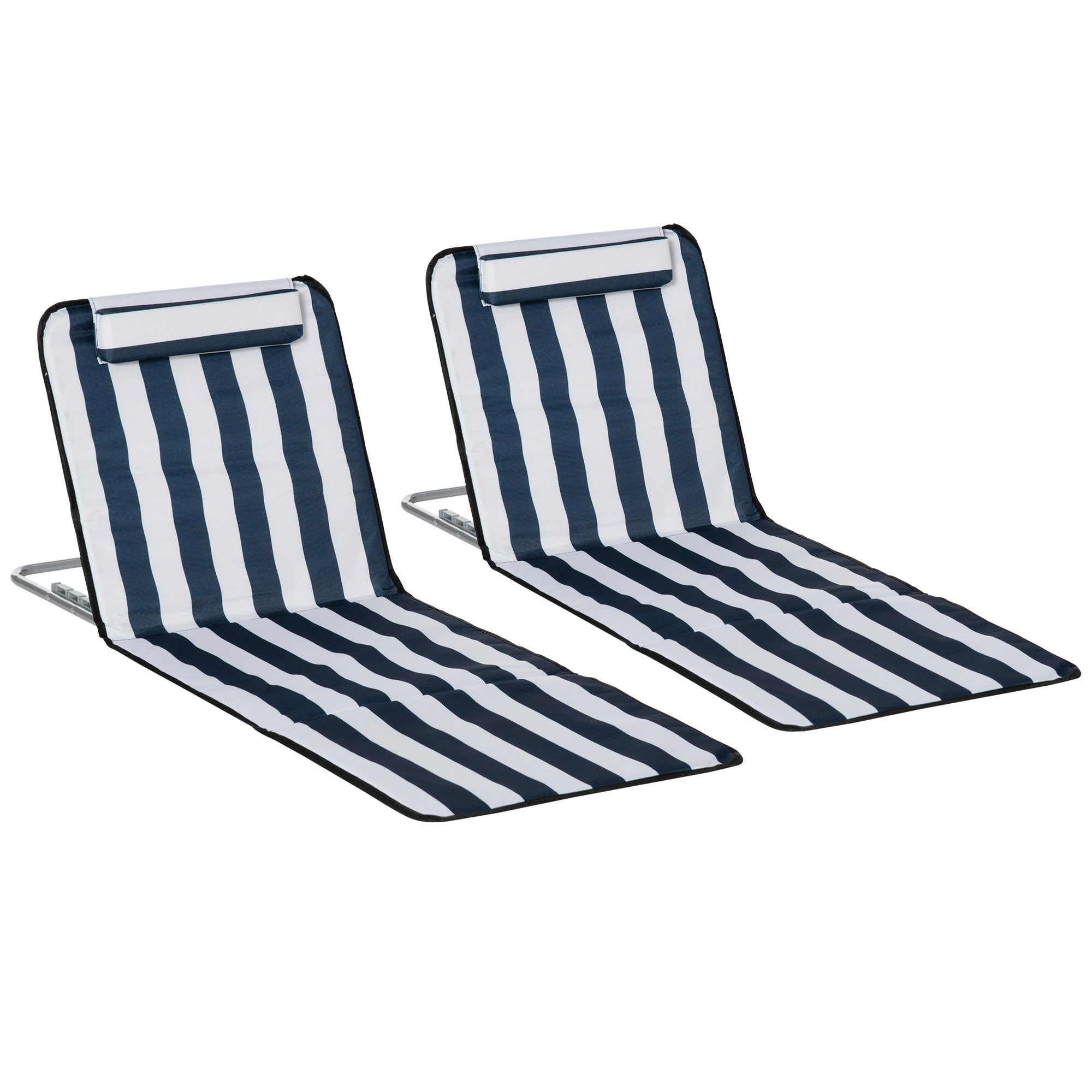 Folding Beach Lounger with Cushion — 5-Position Adjustable Backrest, Includes Carry Bag for Garden, Holidays, Outdoors, Beach & Pool, Blue (Set of 2)