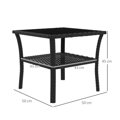 Outdoor PE Rattan Patio Table, 50 x 50 x 45 cm (19.7 x 19.7 x 17.7 in) – Weather-Resistant Square Bistro Table with Shelf & Tempered Glass Top, Seats 4, Black