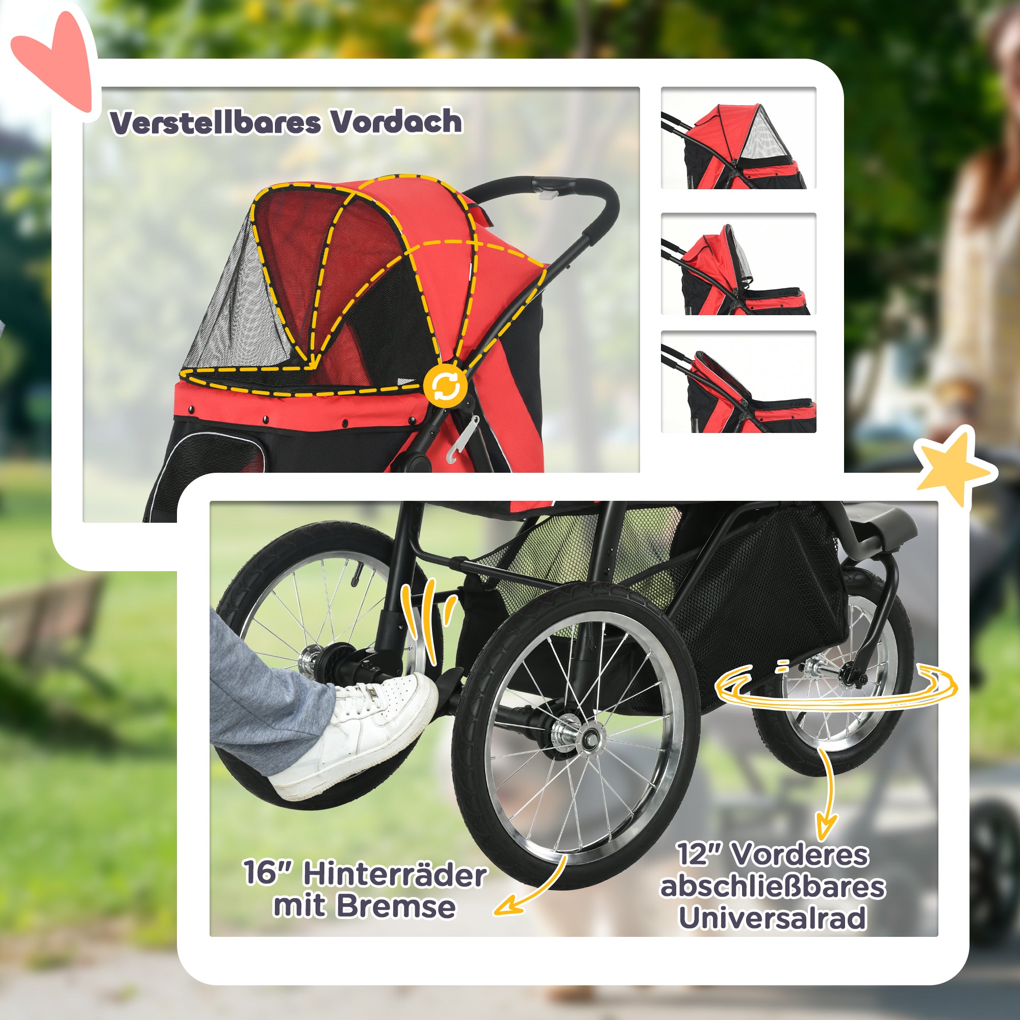 Dog Buggy Foldable Dog & Cat Stroller up to 20 kg Cat Buggy with All-Terrain Rubber Wheels Cushion Mesh Windows Doors Cat Stroller with Storage Basket Buggy Red